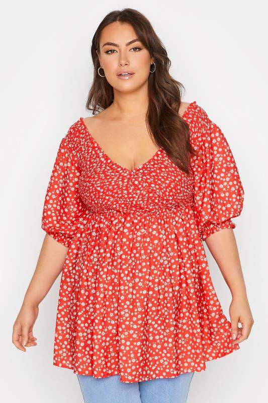 LIMITED COLLECTION Plus Size Red Daisy Shirred Bardot Peplum Blouse | Yours Clothing 1