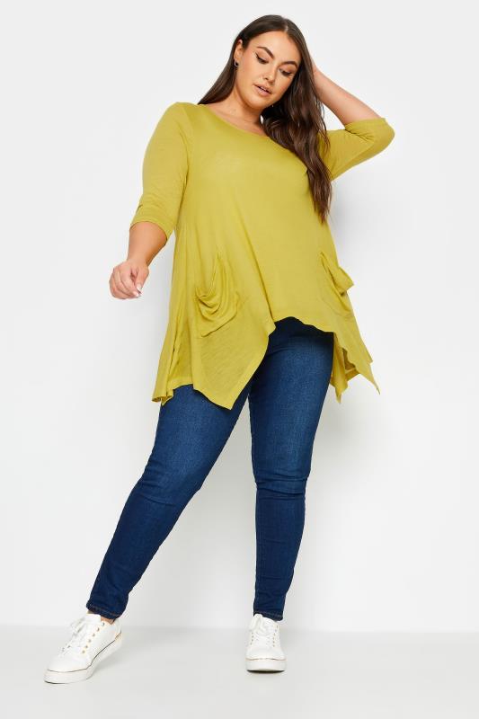 YOURS Plus Size Yellow Hanky Hem Pocket Top | Yours Clothing 2