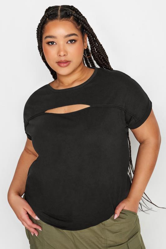 YOURS Plus Size Black Cut Out T-Shirt | Yours Clothing 1