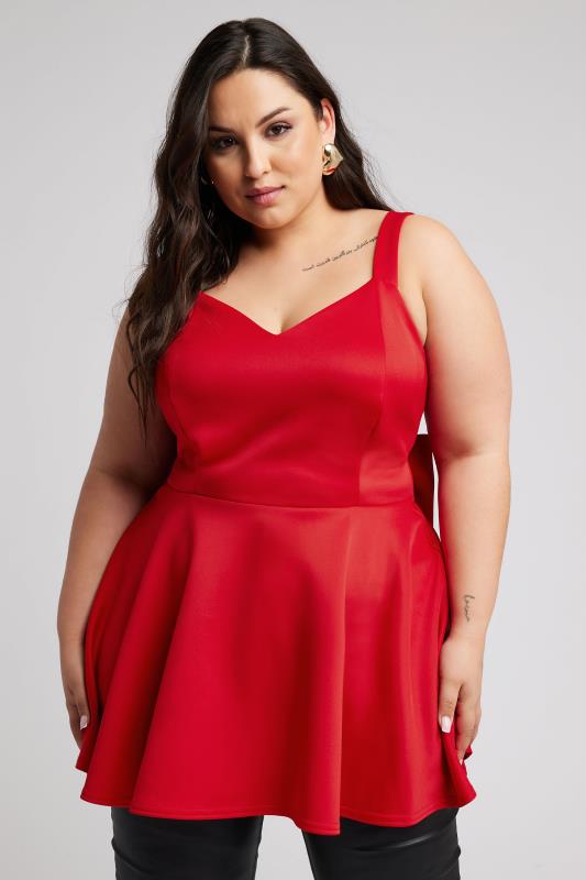YOURS LONDON Plus Size Red Bow Back Peplum Top | Yours Clothing 2