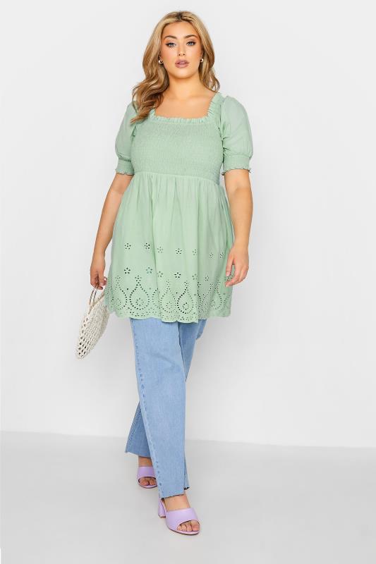 Curve Sage Green Shirred Broderie Anglaise Top 2