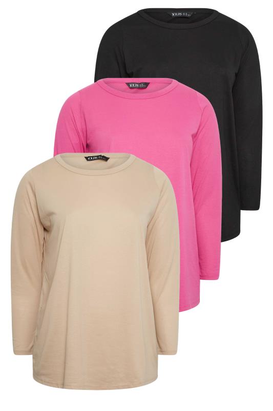 YOURS Curve Plus Size 3 PACK Beige Brown & Pink Long Sleeve Tops | Yours Clothing  8
