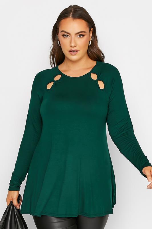 LIMITED COLLECTION Plus Size Forest Green Cut Out Raglan T-Shirt | Yours Clothing 1