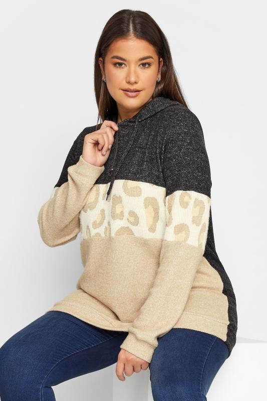  Grande Taille LTS Tall Grey & Cream Colourblock Quarter Zip Knitted Hoodie