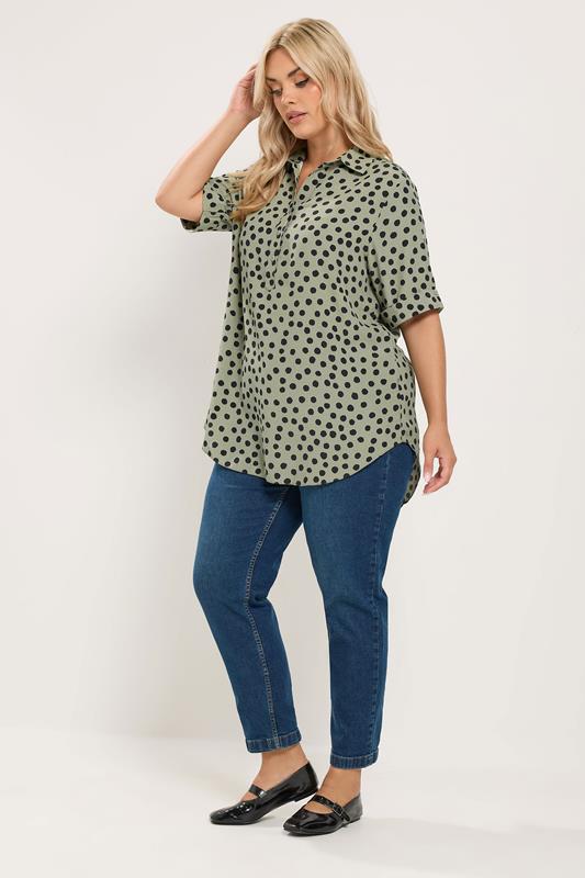 YOURS Plus Size Khaki Green Polka Dot Half Placket Shirt | Yours Clothing 1