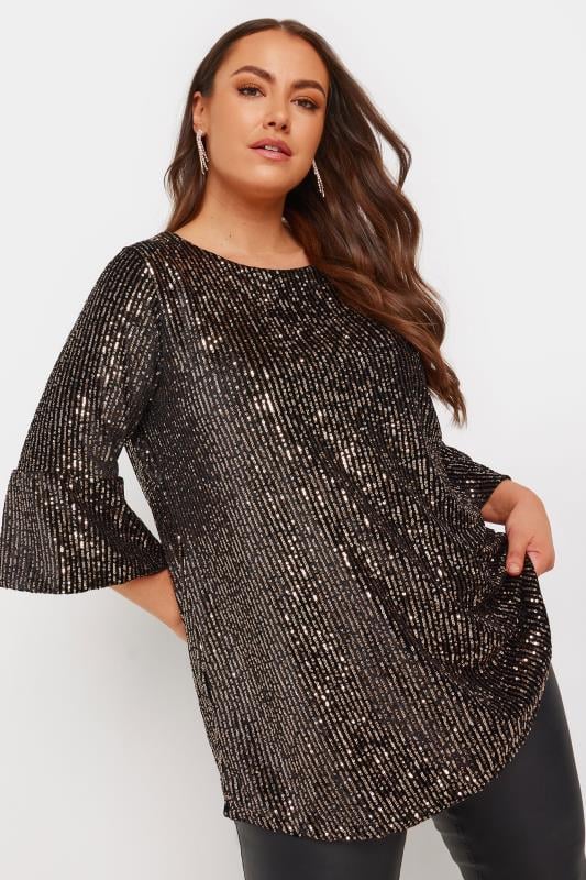 YOURS Plus Size Black Gold Velvet Sequin Top Yours Clothing