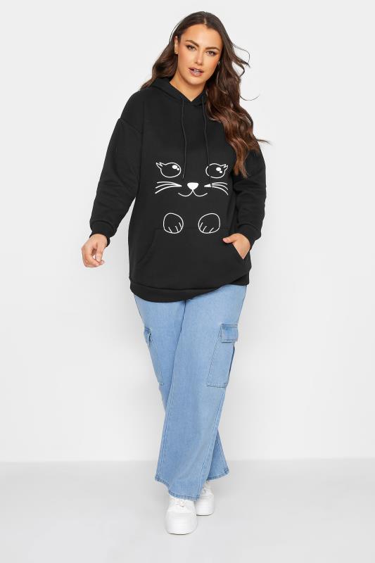 Plus Size Black Cat Graphic Print Hoodie | Yours Clothing 2