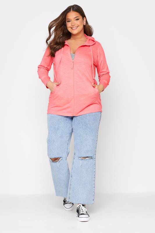 Plus Size Coral Pink Marl Zip Hoodie | Yours Clothing  2