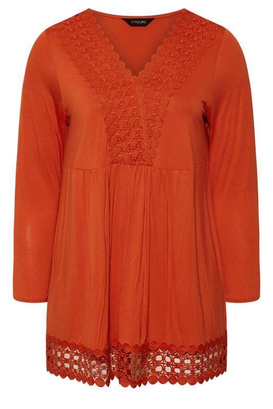 Plus Size Orange Crochet Trim Long Sleeve Tunic Top | Yours Clothing 5