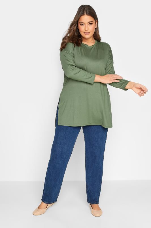 YOURS Plus Size Khaki Green Side Split Oversized T-Shirt | Yours Clothing  2