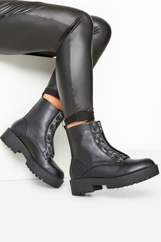 LIMITED COLLECTION Black Vegan Faux Leather Zip Chunky Boots In Wide ...
