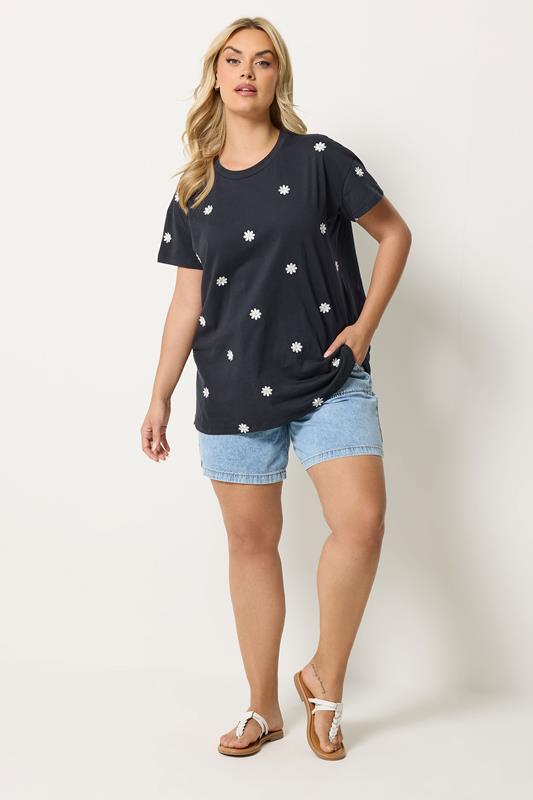 YOURS Plus Size Navy Blue Embroidered Daisy T-Shirt | Yours Clothing 1