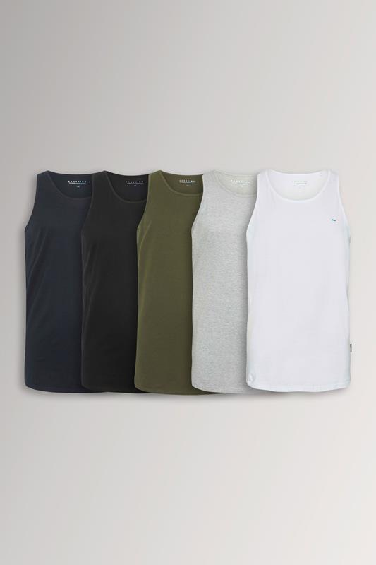 BadRhino Big & Tall 5 Pack Grey/Green/White/Navy/Black Extra Long Plain Vest Top