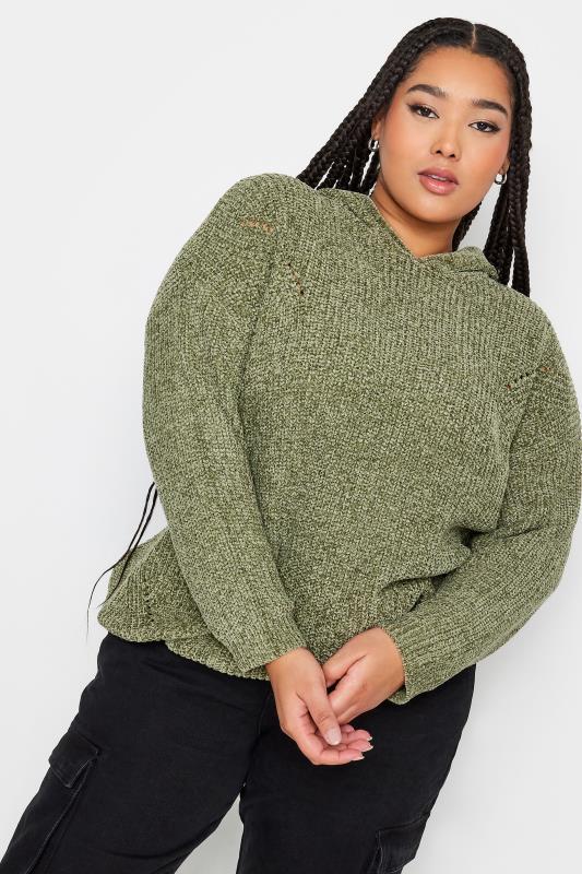  YOURS Curve Khaki Green Chenille Knitted Hoodie