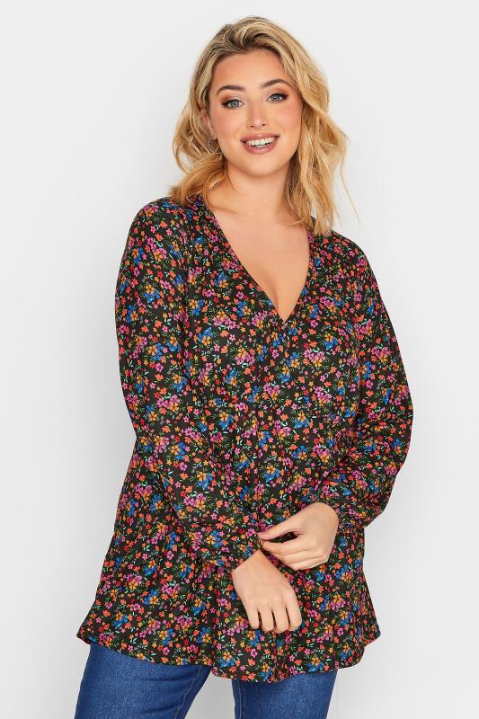 LIMITED COLLECTION Plus Size Black Floral Bust Detail Top | Yours Clothing 1