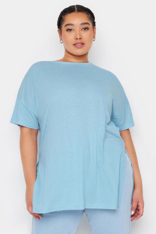Plus Size  YOURS Curve Blue Oversized Linen T-Shirt