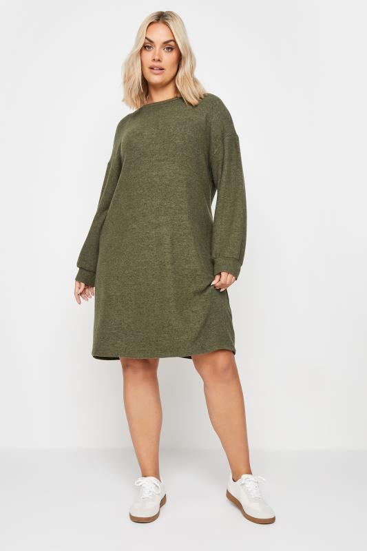  Tallas Grandes YOURS Curve Khaki Green Soft Touch Jumper Dress