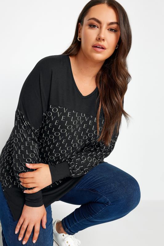 YOURS Curve Black 'Love' Print V-Neck Long Sleeve Top | Yours Clothing 4