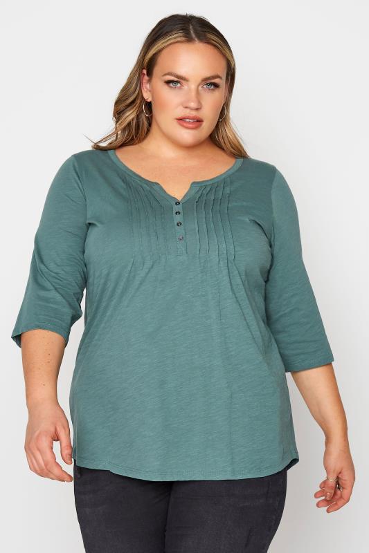 YOURS FOR GOOD Curve Sage Green Pintuck Henley Top_A.jpg