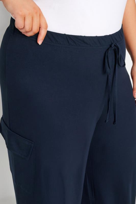 YOURS Plus Size Navy Blue Jersey Wide Leg Cargo Trousers | Yours Clothing 4