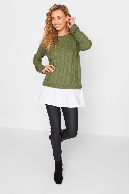 Tall Women's LTS Khaki Green 2 In 1 Cable Knit Shirt Jumper | Long Tall Sally 2