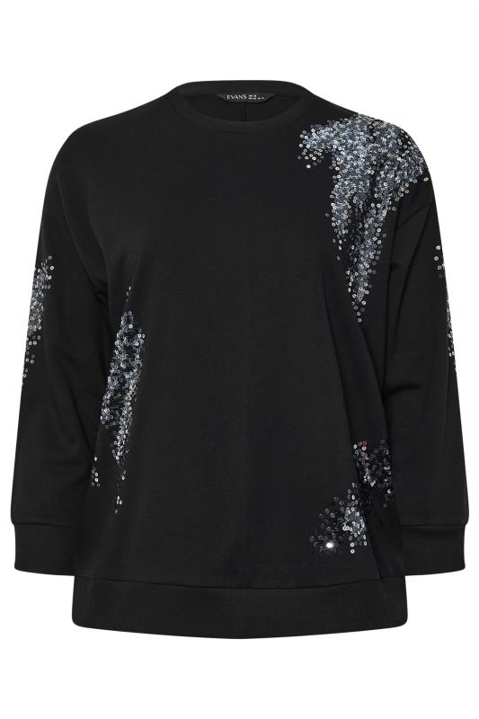 EVANS Plus Size Black & Silver Sequin Embellished Sweatshirt | Evans 5