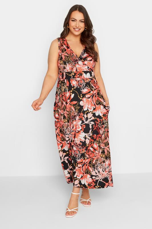 Plus Size  YOURS Curve Black & Orange Floral Print Wrap Maxi Dress