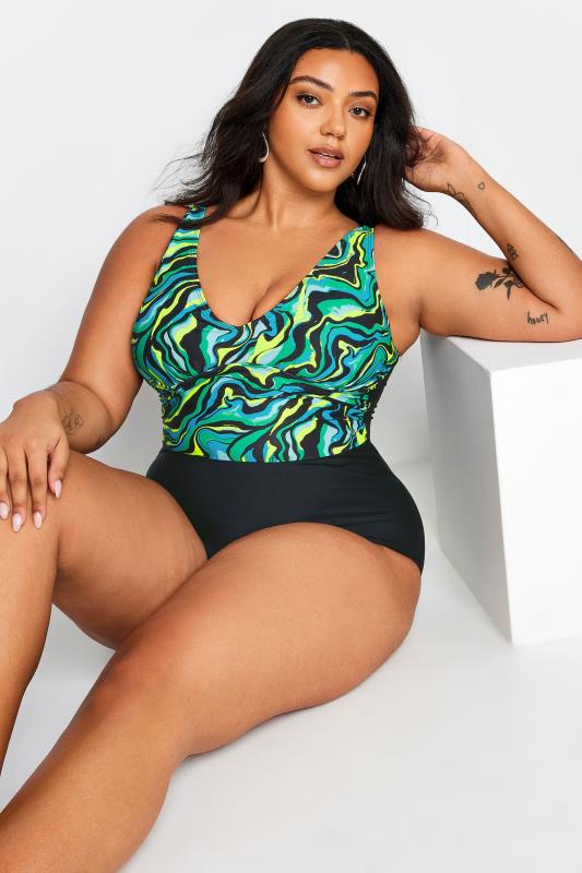 YOURS Plus Size Black Abstract Contrast Plunge Swimsuit | Yours Clothing 2