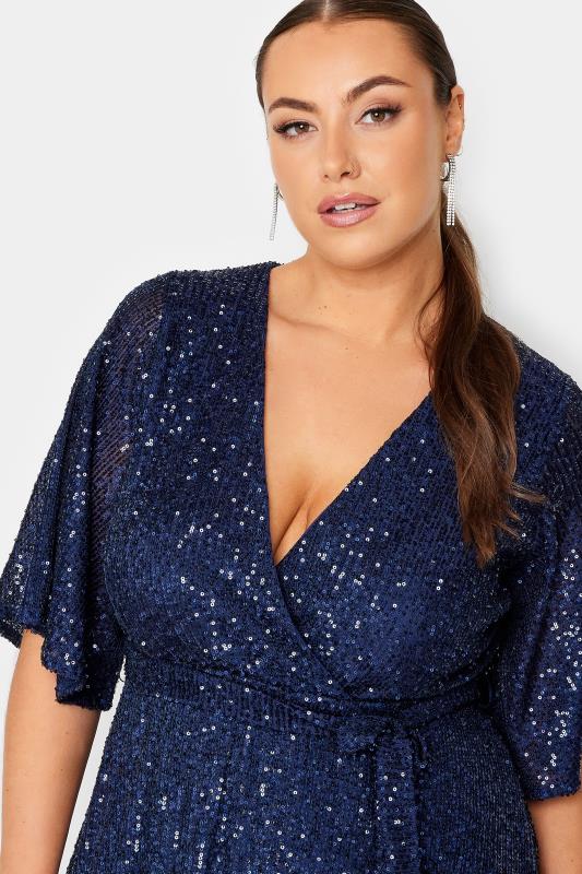 YOURS LONDON Plus Size Navy Blue Sequin Embellished Double Wrap Dress | Yours Clothing 4