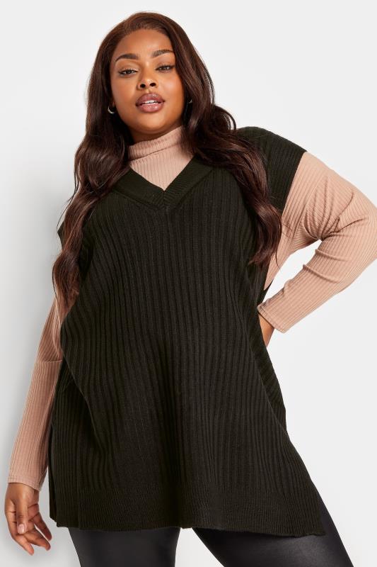 YOURS Plus Size Black Side Split Knitted Vest Top | Yours Clothing 1