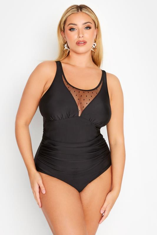 Plus Size Black Spot Mesh Panel Swimsuit | Yours Clothing 1