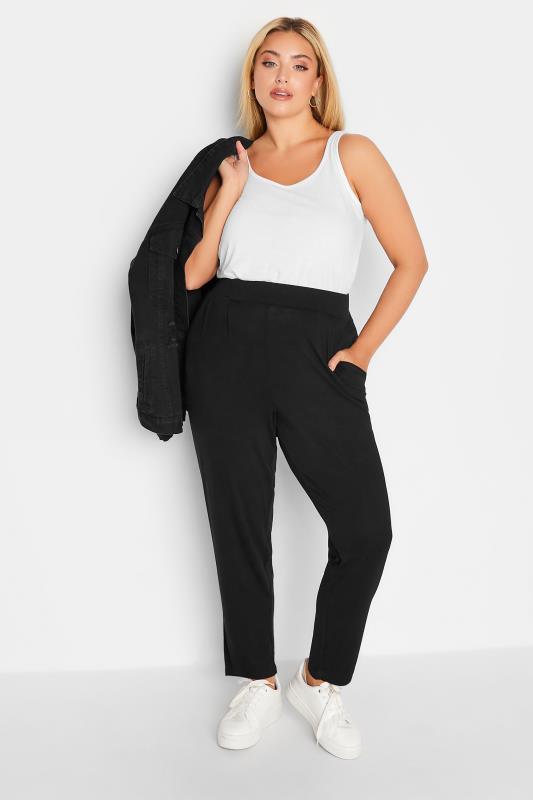 Plus Size Black Double Pleat Jersey Stretch Joggers | Yours Clothing 2