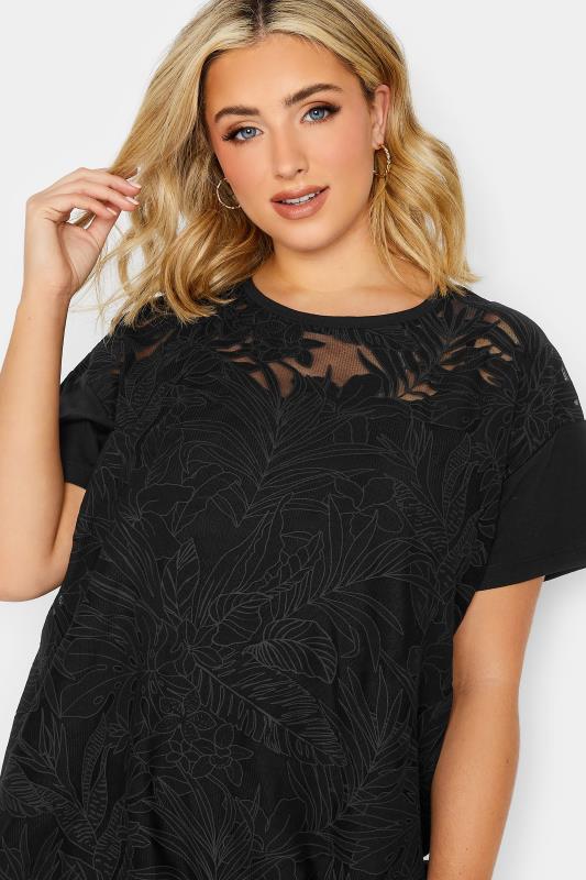 YOURS Plus Size Black Floral Mesh Panel T-Shirt | Yours Clothing 4
