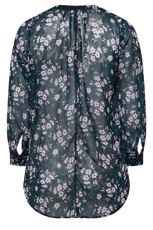 Plus Size Teal Blue Floral Print Balloon Sleeve Shirt | Yours Clothing 7