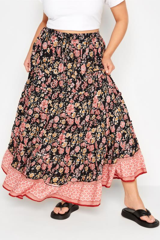 Curve Black Floral Tiered Gypsy Maxi Skirt 1