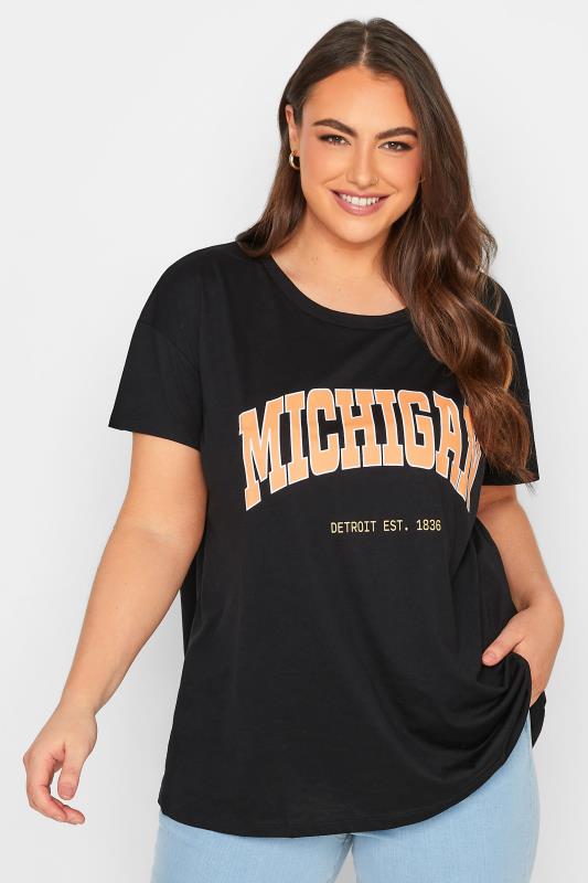 Plus Size Black 'Michigan' Printed T-Shirt | Yours Clothing 1
