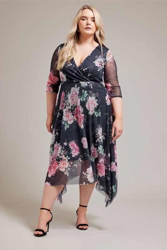 YOURS LONDON Plus Size Black Floral Print Wrap Midi Dress | Yours Clothing 4