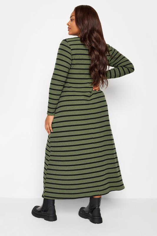 YOURS Curve Plus Size Khaki Green Stripe Ribbed Maxi Swing Dress | Yours Clothing  4