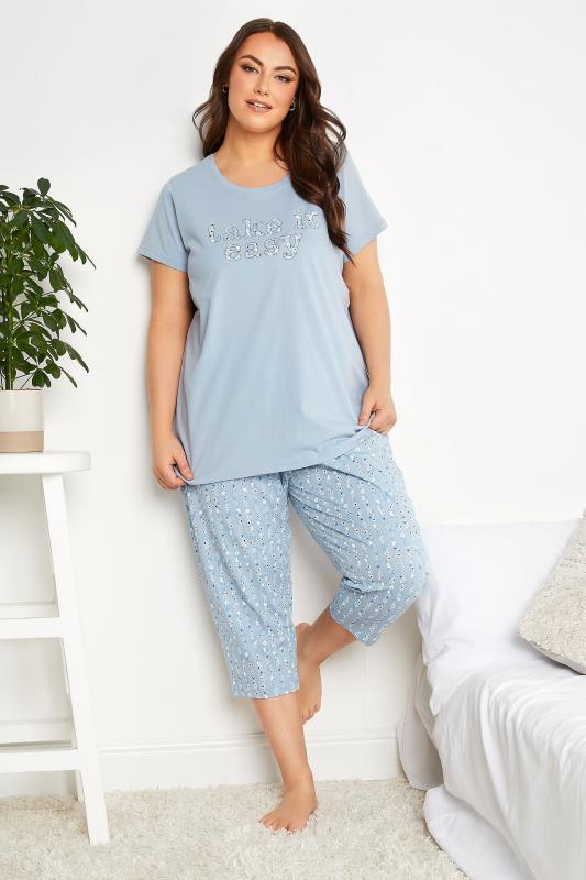 YOURS Curve Plus Size Baby Blue 'Take It Easy' Slogan Pyjama Set | Yours Clothing  1