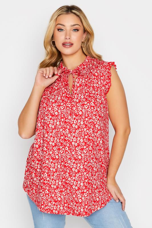 YOURS Plus Size Red Floral Print Frill Sleeve Blouse | Yours Clothing 1
