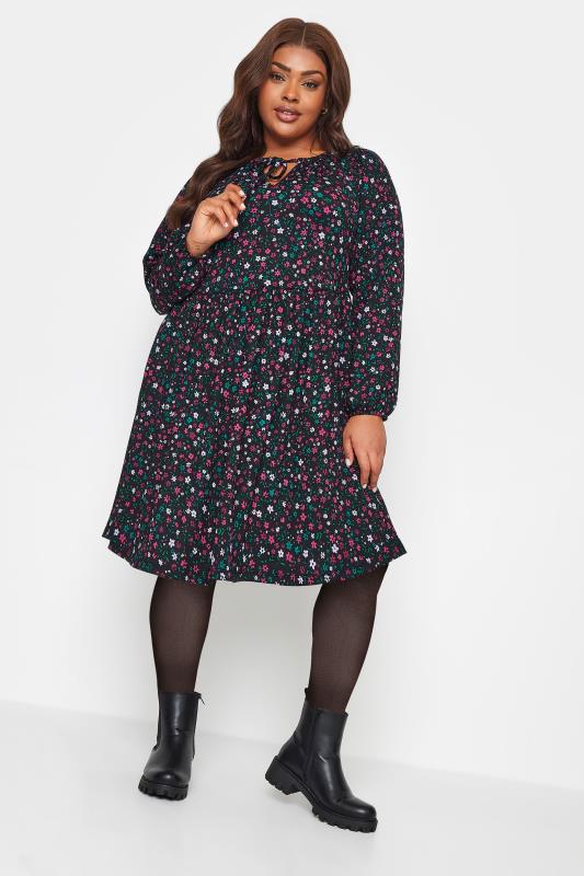 YOURS Plus Size Black Ditsy Floral Print Textured Midi Dress | Yours Clothing 2