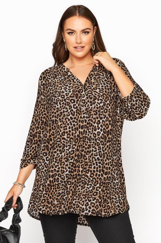 Plus Size Brown Leopard Print Grandad Collar Shirt | Yours Clothing