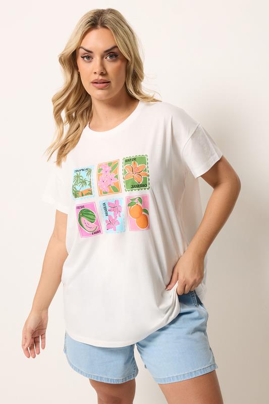  YOURS camiseta blanca holgada con estampado tropical de postales
