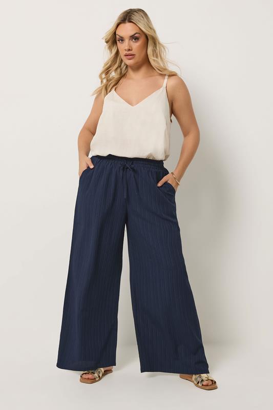 YOURS Plus Size Navy Blue Wide Leg Textured Trousers | Yours Clothing 1