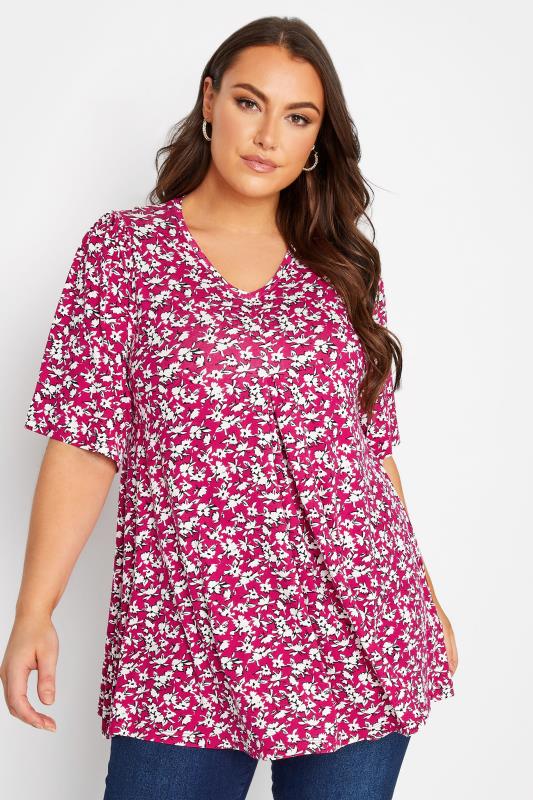 Plus Size Red Floral Print Pleat Front Top | Yours Clothing 1