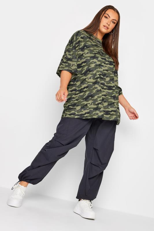 YOURS Curve Green Camo Print Oversized Boxy T-Shirt | Yours Clothing  2