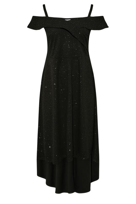 YOURS LONDON Plus Size Curve Black Glitter Bardot High Low Midi Bridesmaid Dress | Yours Clothing 6