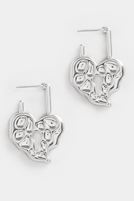 Silver Textured Heart Drop Earrings | Yours Clothing 2