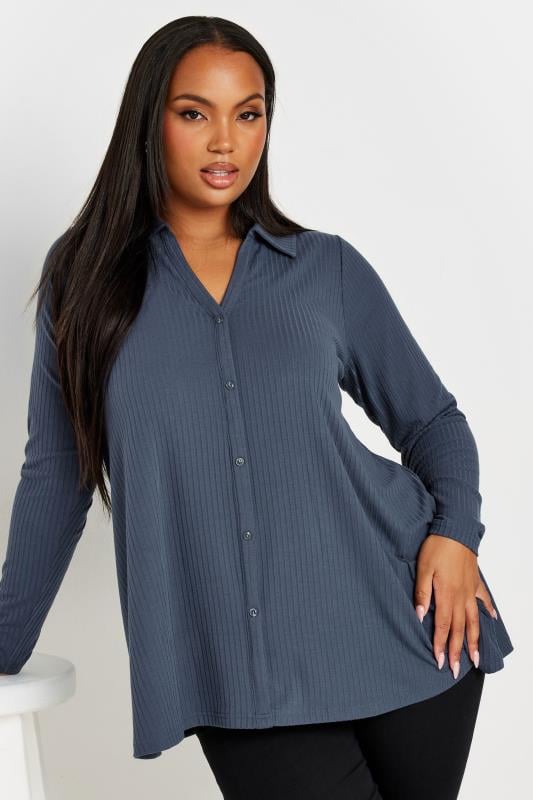 YOURS Plus Size Slate Grey Ribbed Collared Top | Yours Clothing 1