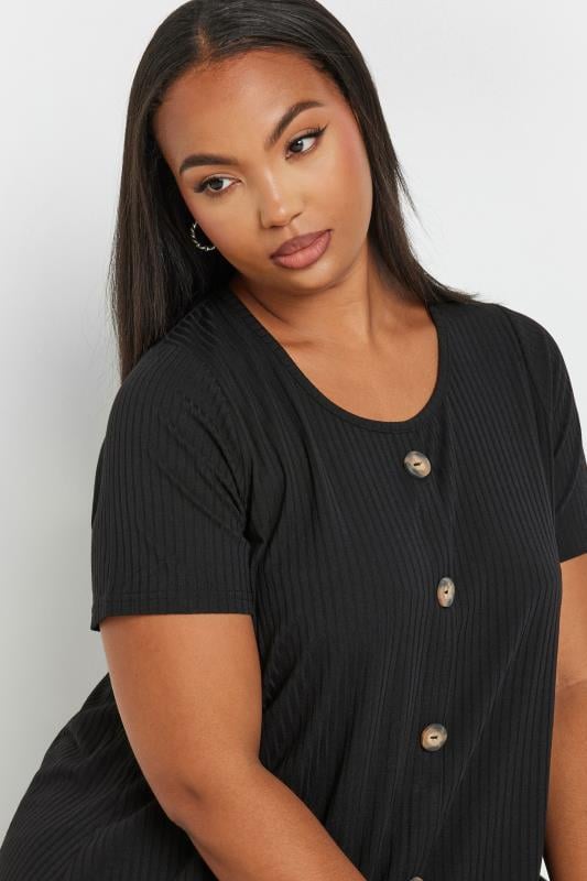 YOURS Plus Size Black Button Front Ribbed Swing Top | Yours Clothing 4